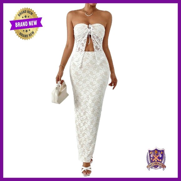 Lace Strapless Bandeau Tube Top Maxi Skirt Two Piece Set Size M
